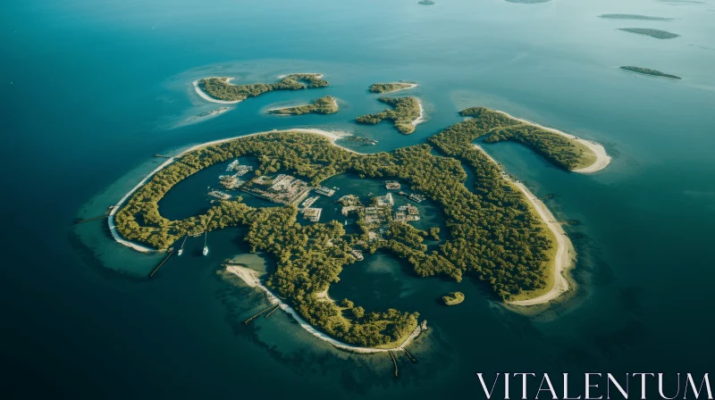 AI ART Aerial View of Green Island: Surreal Architectural Landscapes