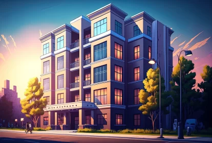 Captivating Cartoon Realism: A Romantic Apartment Building in the City