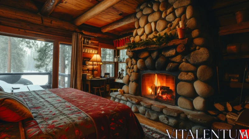 Cozy Cabin Bedroom with Rustic Fireplace | Serene Ambiance AI Image