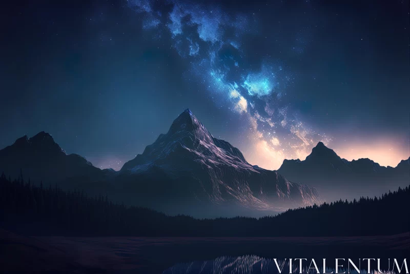 Dreamy Night Scene with Mountains and Starry Sky AI Image