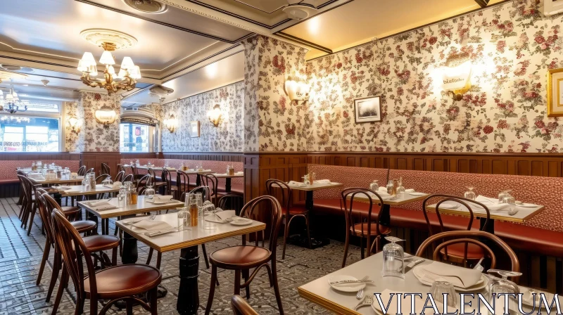 Elegant Dining Room in a Restaurant: Tables, Chairs, and Floral Wallpaper AI Image