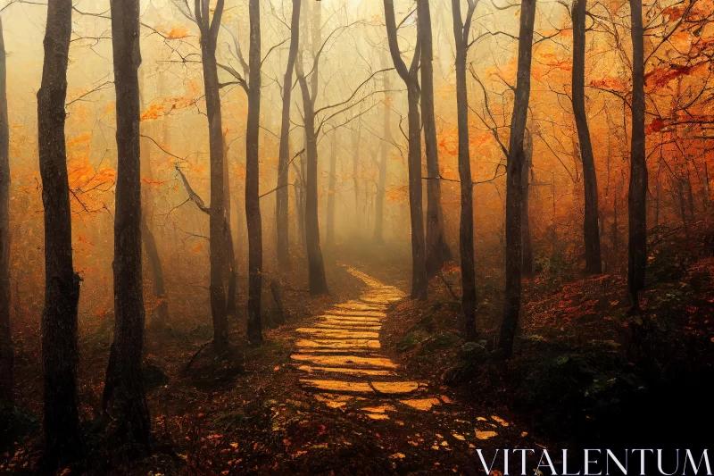 AI ART Enchanting Forest Path in Orange and Gold | Tranquil Hikecore Adventure