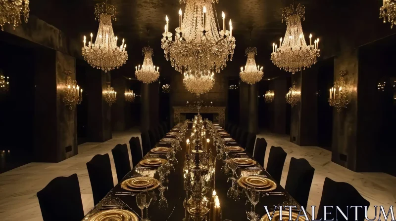 Ethereal Dark Room with Chandeliers and a Long Table AI Image