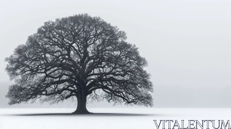 Majestic Bare Tree in Snowy Field - Serene Monochrome Landscape AI Image
