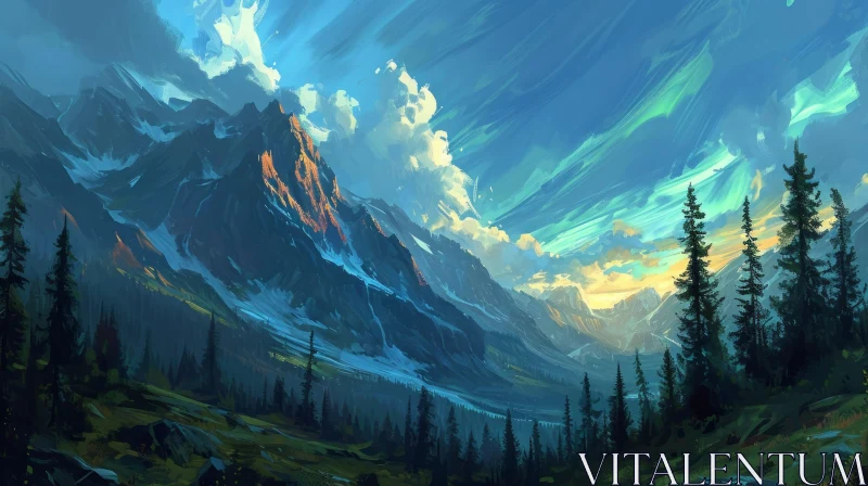 Serene Landscape Painting of Majestic Mountains and Tranquil Valley AI Image