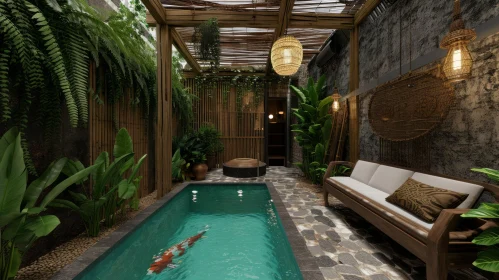 Tranquil Outdoor Oasis: Pool, Koi Fish, and Serenity
