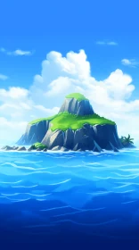Vibrant Cartoon Island in the Ocean - Digital Painting