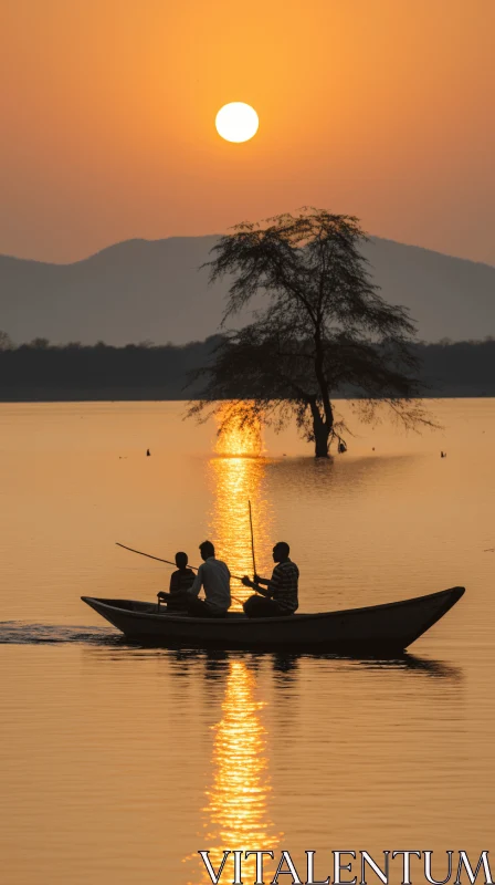 AI ART Captivating Nature Scene: Three Men in a Small Canoe on a Serene Lake