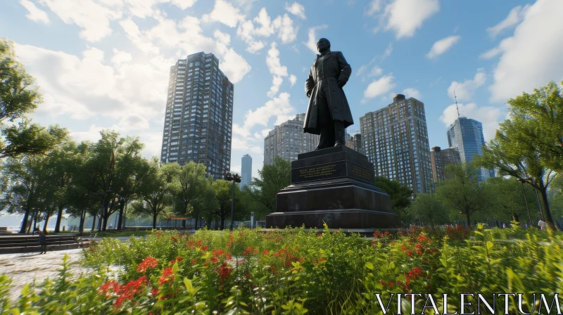 Captivating Park Scene with a Majestic Bronze Statue AI Image