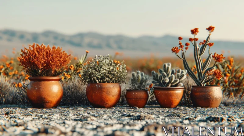 Clay Pots with Cacti and Succulents in a Desert Landscape AI Image