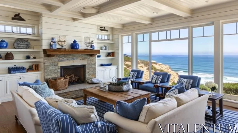 Coastal-Inspired Living Room with White Furniture and Blue Accents AI Image