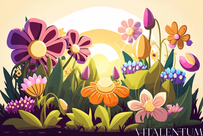 Colorful Cartoon Garden with Flowers and Sunflowers AI Image