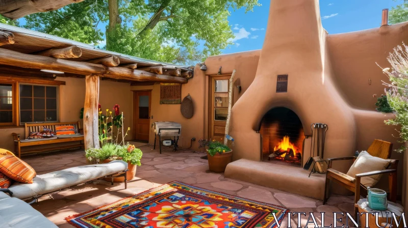 Cozy Outdoor Seating Area with Rustic Adobe Fireplace AI Image