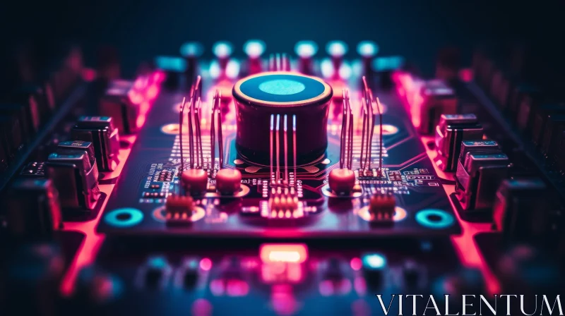Dark Electronic Circuit Board with Futuristic Lighting AI Image