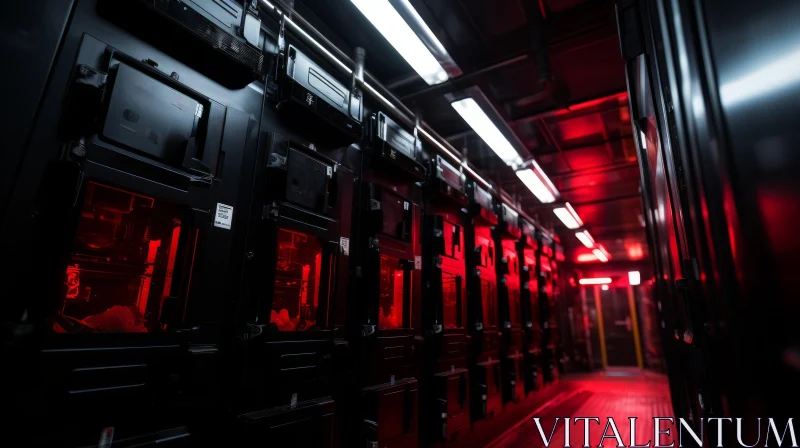 Dark Room with Red Light and Mysterious Cabinets AI Image