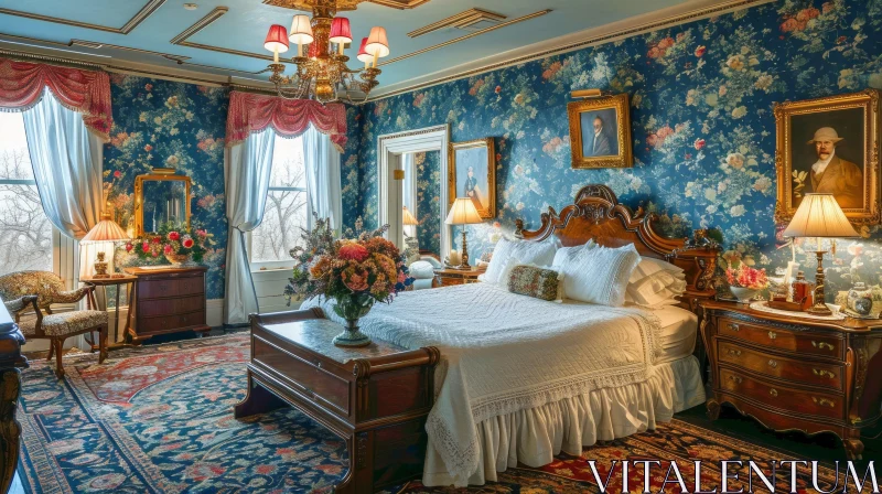 Elegant Victorian-Style Bedroom with Floral Accents AI Image