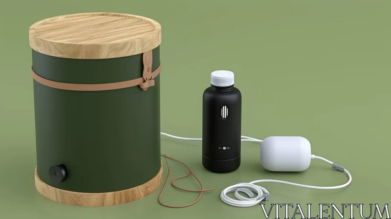 Green Wooden Barrel with Bottle and Cup - 3D Rendering Illustration AI Image