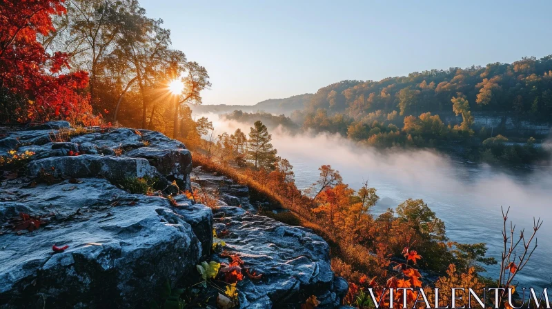 Majestic River Landscape: Mist, Autumn Trees, and Golden Sunrise AI Image