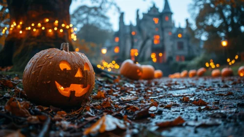 Mysterious Halloween Pumpkin in Front of Spooky Castle