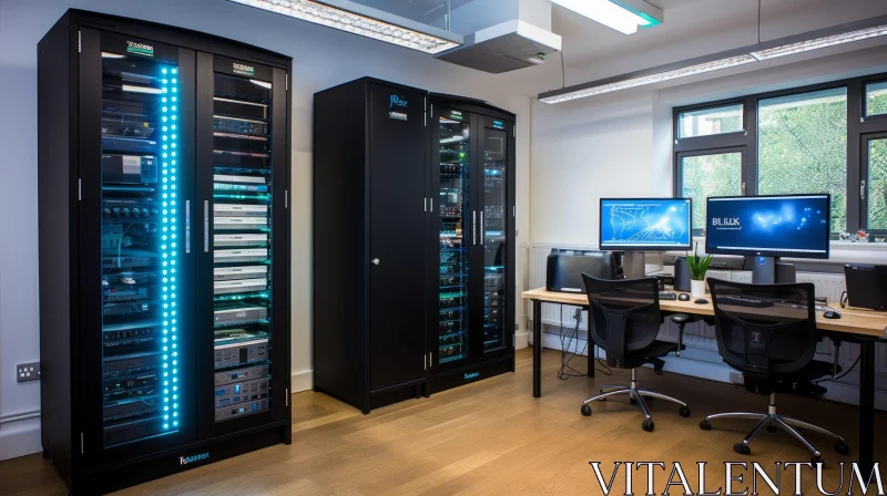 Server Room Scene with Workstation and Networking Equipment AI Image