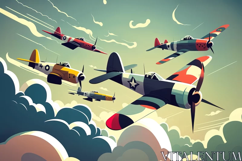 Vintage Comic-Style Planes Flying in a Colorful Sky AI Image