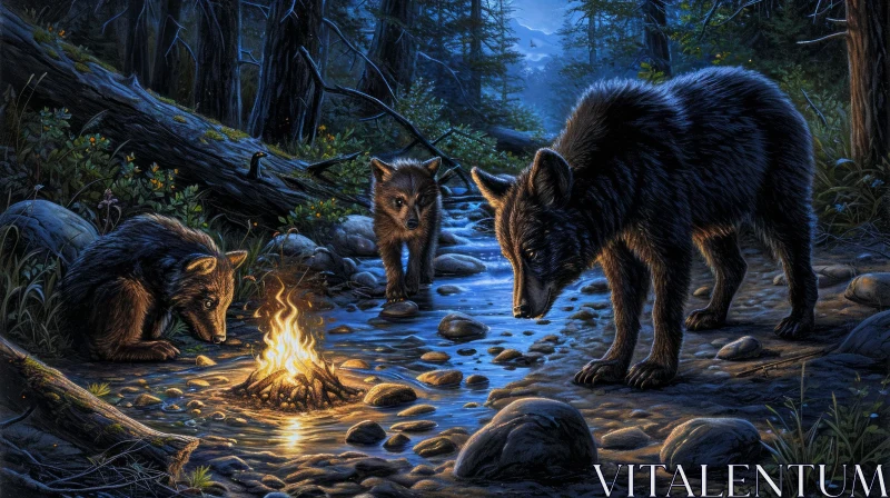 Wolf Family at Night - Realistic Painting AI Image