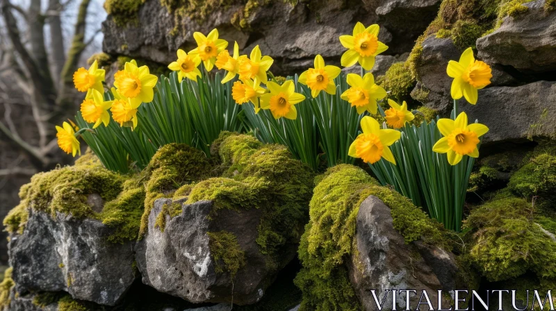 Bright Yellow Daffodils on Stone Wall - A Captivating Display of Nature AI Image