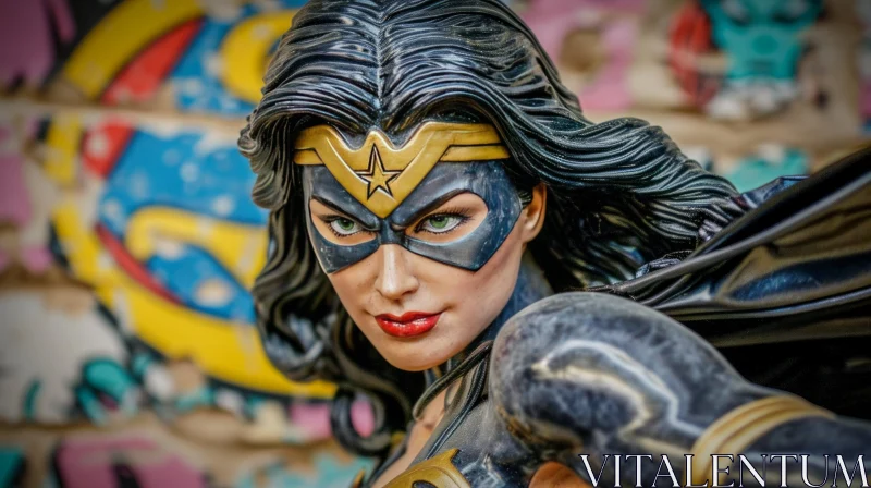 Close-up of a Female Superhero Figurine in Black and Gold Mask AI Image