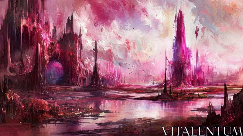 Enchanting Fantasy Landscape | Vibrant Pink Sky | Serene and Peaceful AI Image