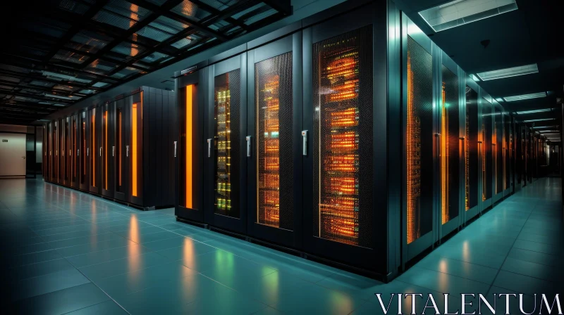 Modern Data Center Room with Server Racks and Bright Lights AI Image