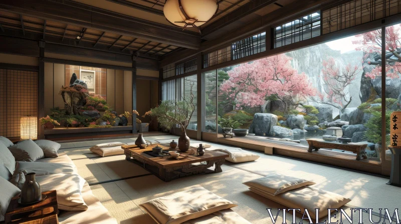AI ART Tranquil Japanese Living Room with Garden View