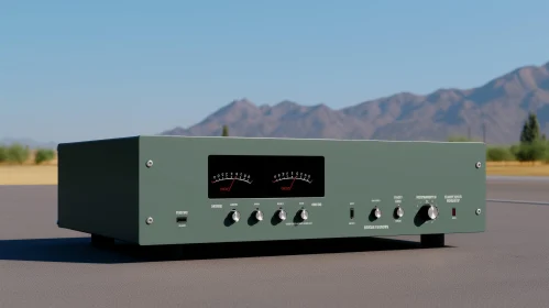 Vintage Green Audio Amplifier on Concrete Surface with Mountain Landscape