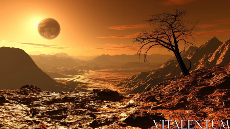 Desolate Post-Apocalyptic Landscape with Orange Moon and Red Sky AI Image