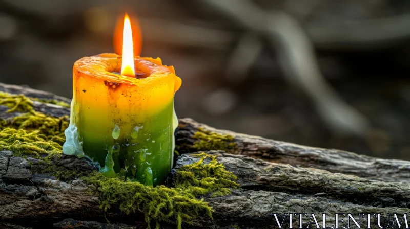 Enchanting Nature: Burning Candle on Moss-Covered Wood AI Image