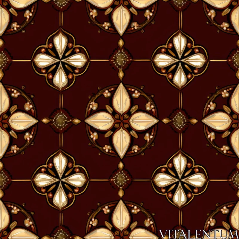 Golden and White Floral Pattern on Dark Red Background AI Image