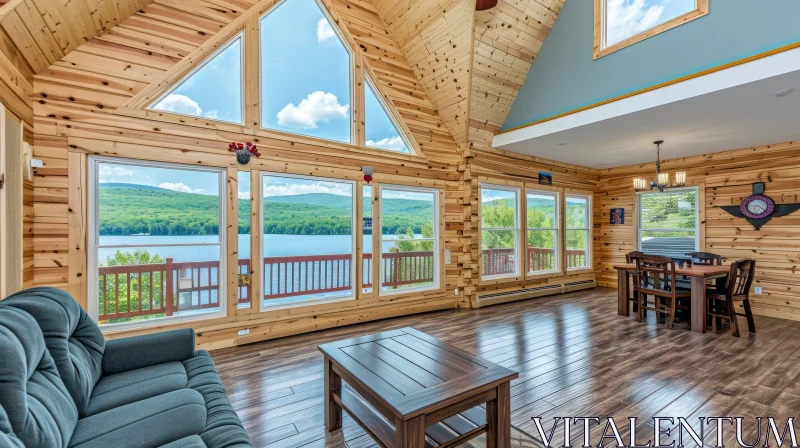 Inviting Living Room with High Vaulted Ceiling and Lake View AI Image