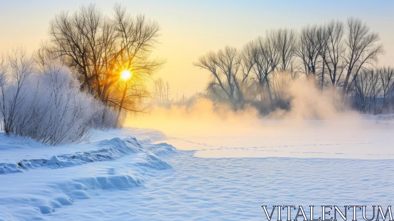 Serene Winter Landscape: Snow-Covered Trees and Fields AI Image