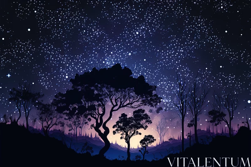 AI ART Silhouetted Trees Under the Starry Night Sky - Exotic Fantasy Art