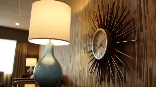Stylish Wall Clock and Lamp Composition on a Striped Brown Wall