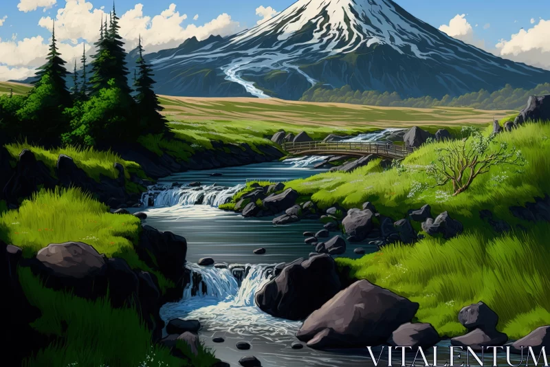 Captivating Digital Painting of a Serene Waterfall and Majestic Mountains AI Image