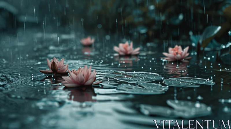 Close-Up of Water Lilies in Rain-Filled Pond AI Image