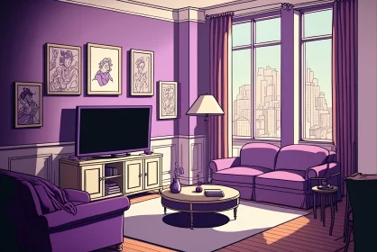 Cozy Living Room with Purple Couch - Comic Art Style