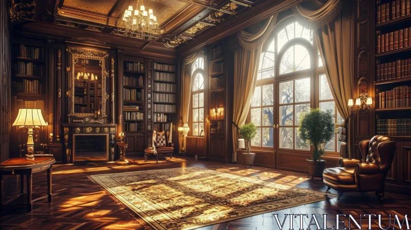 Exquisite 3D Rendering of a Luxurious Library AI Image