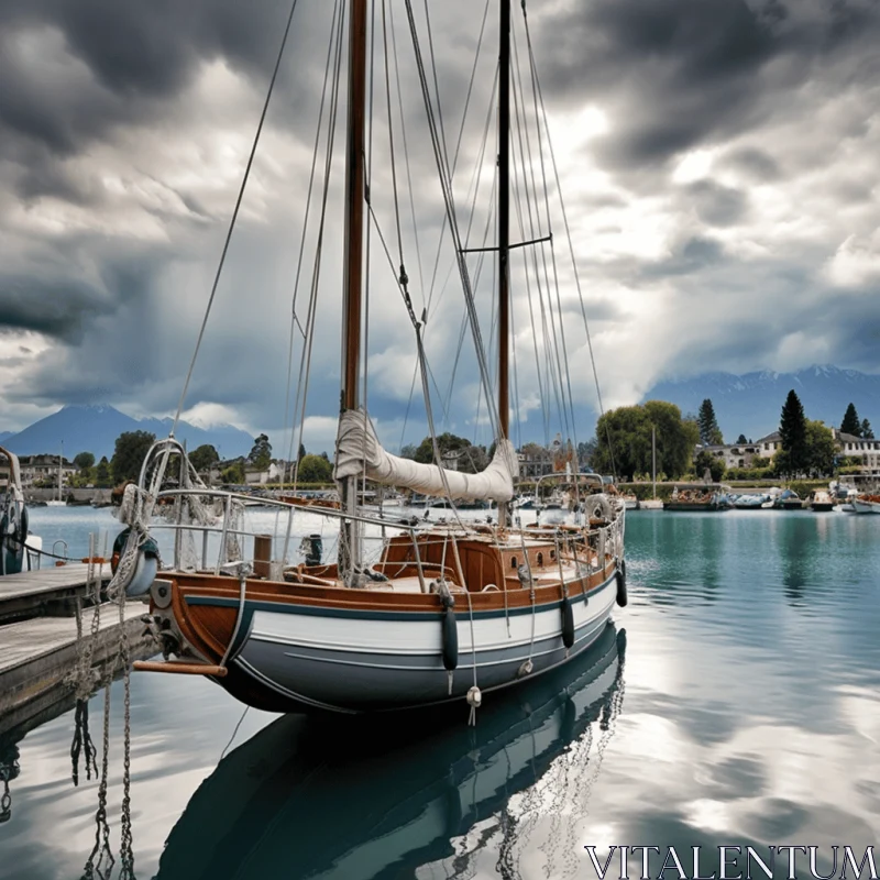 Serene Boat on Calm Waters | Atmospheric Clouds | Swiss Style AI Image