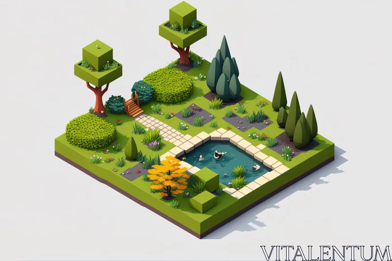 Serene Low Poly Garden: A Puzzle-Like Oasis of Nature and Art AI Image