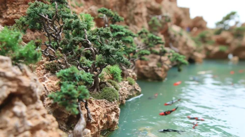 Tranquil Miniature Landscape with Pond, Trees, and Koi Fish