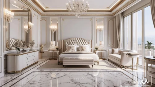 Elegantly Decorated Classic Style Bedroom with White and Gold Accents