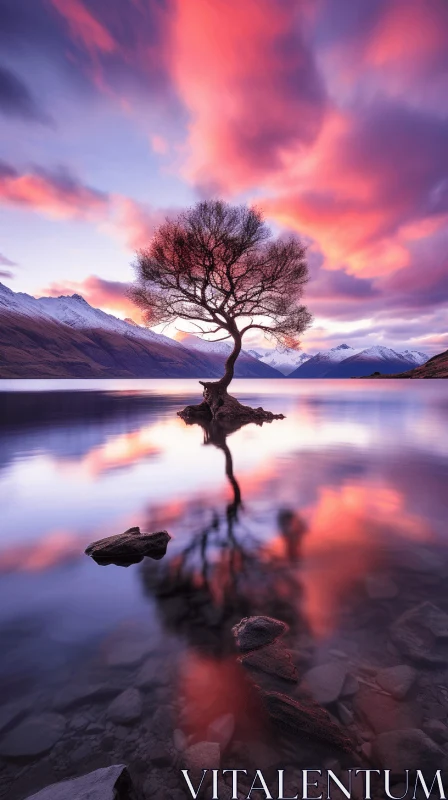 Enchanting Sunset: Captivating Tree on Lake | Maori Art AI Image