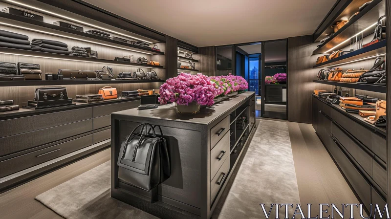 Exquisite Walk-In Closet with Dark Wood Shelves and Island AI Image