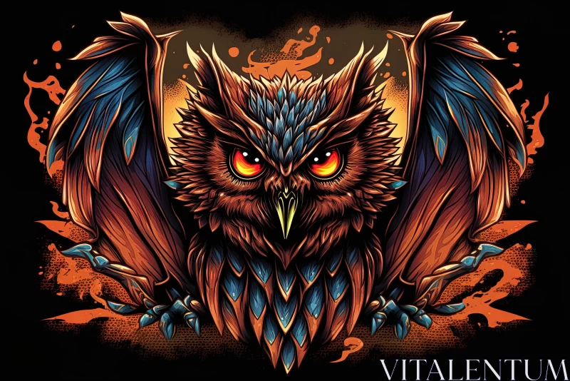 Gothic Owl with Flames | Dark Orange and Blue Illustration AI Image